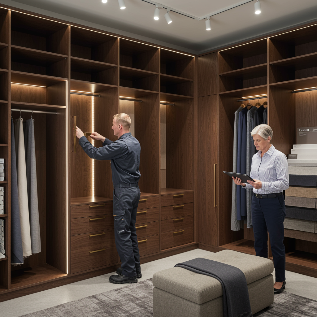 "Imagen fotorealista de un armario a medida en un showroom elegante, con un artesano instalando herrajes y un diseñador revisando planos, destacando los valores de proyectos de hogar personalizados."