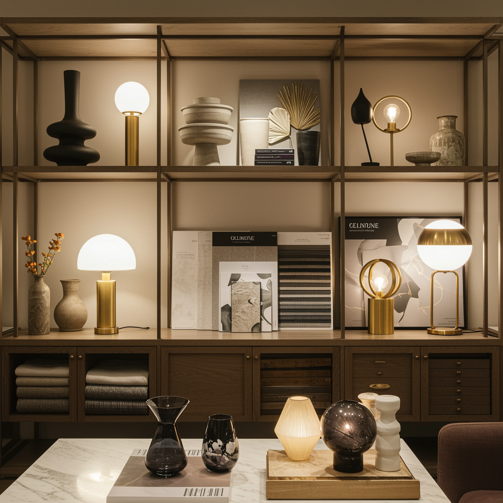 imagen1 "Vigneta de showroom de lujo con decoración premium, incluyendo jarrones modernos, luminarias escultóricas y muestras de telas en una paleta cálida y neutra con acentos en bronce."