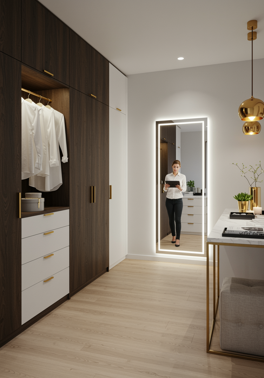 imagen3 1 "Armario personalizado y área de vestidor con gabinetes de nogal oscuro y blanco mate, iluminación LED cálida y diseño moderno, ideal para proyectos de decoración de interiores."
