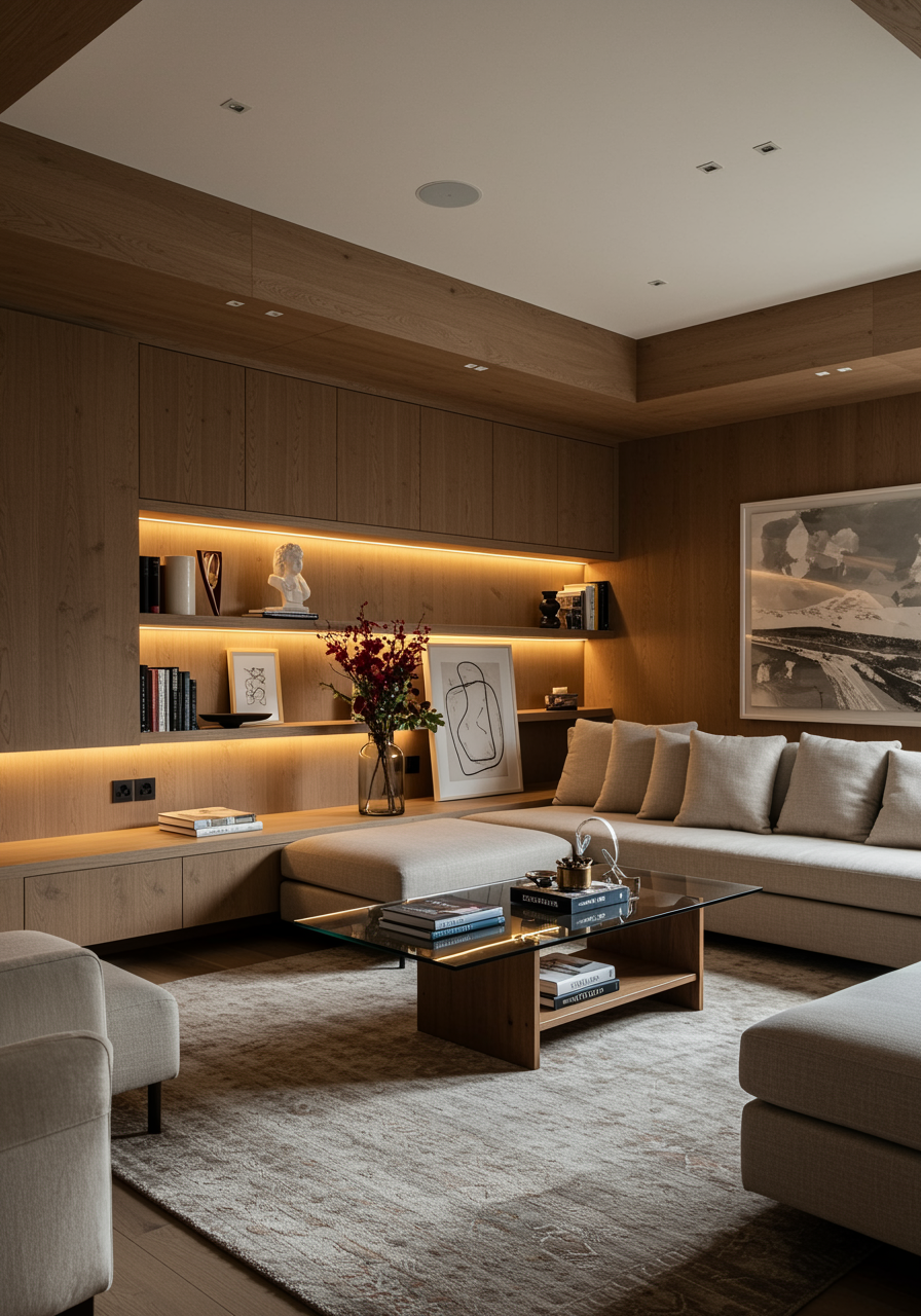 imagen3 "Espacio de vida exclusivo con paredes de madera asimétricas, estanterías flotantes integradas, iluminación LED y un diseño personalizado que combina confort y estilo."