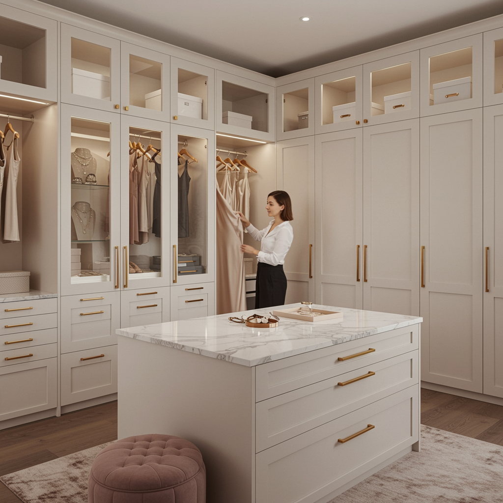 imagen5 1 "Armario vestidor moderno y lujoso con acabados en blanco y oro, iluminación LED y una mujer seleccionando un vestido de seda, ideal para inspiración en diseño de interiores."