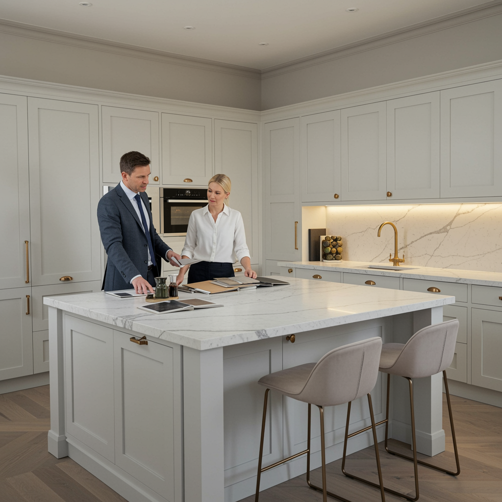 "Imagen de una cocina de lujo contemporánea con diseño exclusivo, featuring cabinetry blanca mate, encimera de mármol y un diseñador interior evaluando muestras en un ambiente sofisticado."