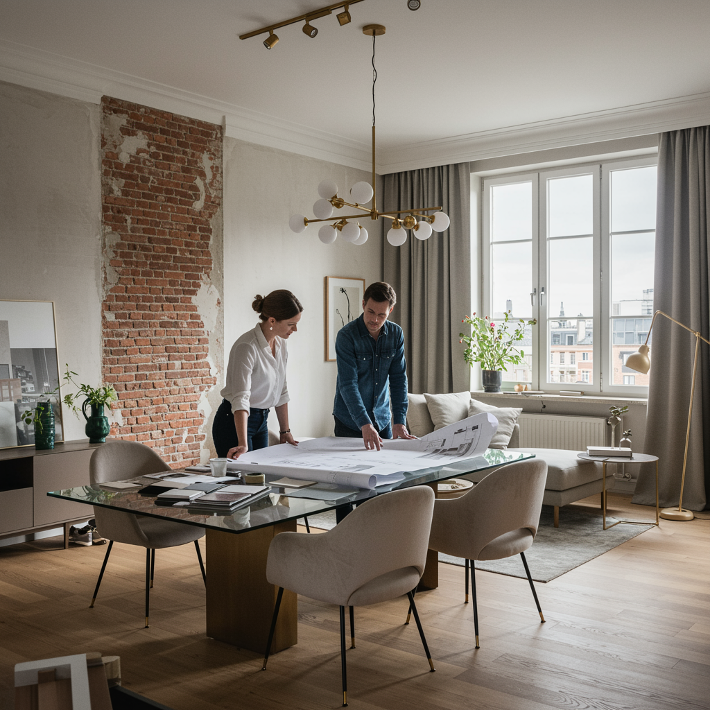 "Interior de sala moderna en renovación, con detalles arquitectónicos expuestos, suelo de roble claro y mármol, donde una pareja revisa planos sobre una mesa de vidrio."