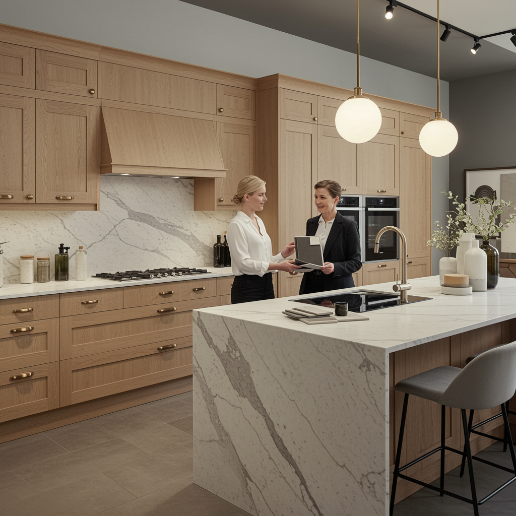 "Imagen de un showroom de cocina contemporánea de lujo con mobiliario en roble claro y blanco mate, isla de mármol y diseñadora interactuando con una pareja, ideal para inspirar el diseño de interiores de alta gama."