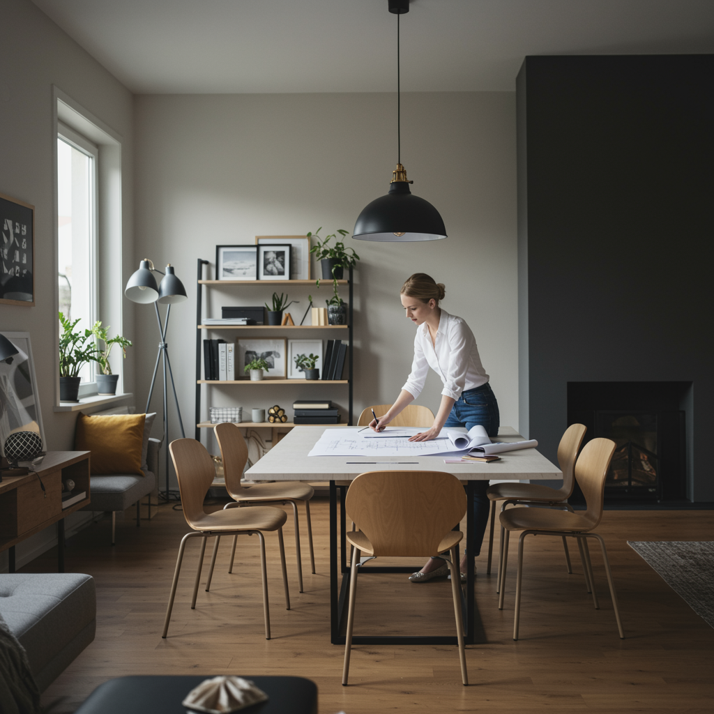 imagen5 "Interior moderno y luminoso con diseñadora revisando planos, rodeada de muebles escandinavos y acabados en madera, ideal para inspirar diseño de interiores."
