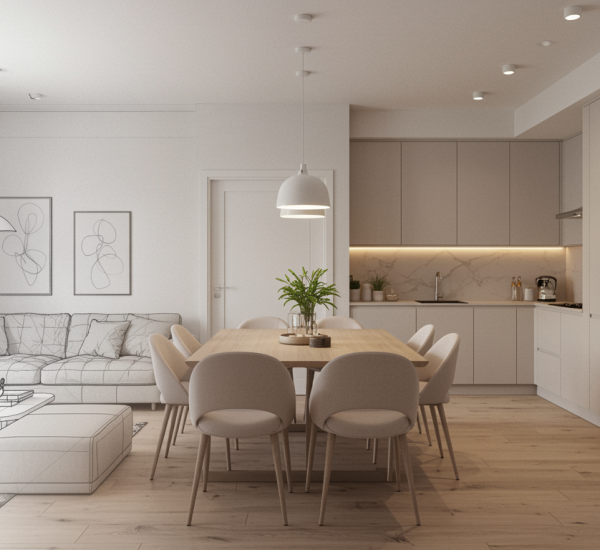 slider "Plano arquitectónico que se transforma en un render 3D fotorrealista de un apartamento renovado, destacando un espacio minimalista con mobiliario a medida y luz ambiental suave."